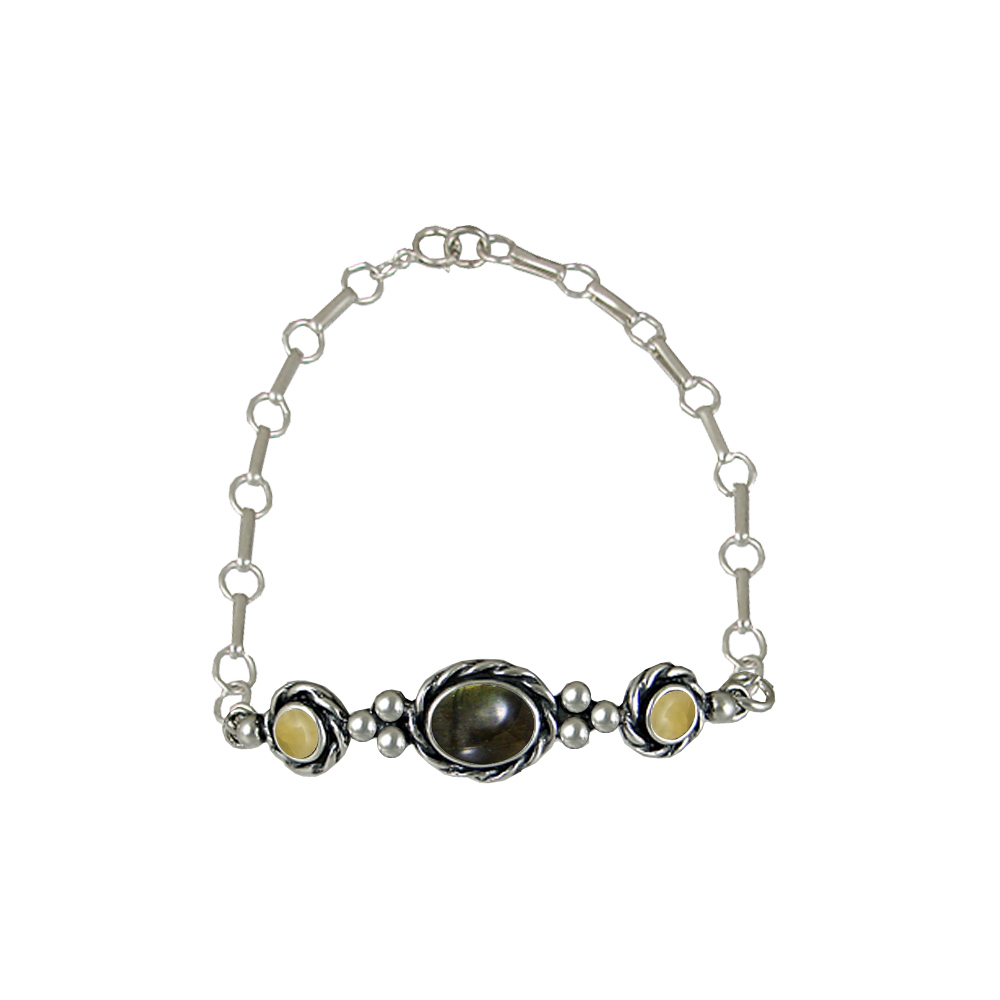 Sterling Silver Gemstone Adjustable Chain Bracelet With Spectrolite And Yellow Aragonite